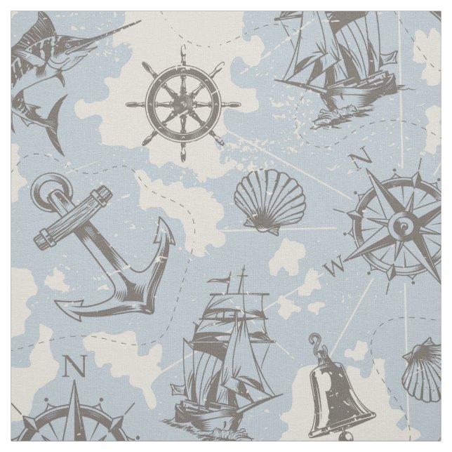 Nostalgic nautical themed blue pattern fabric (Swatch)