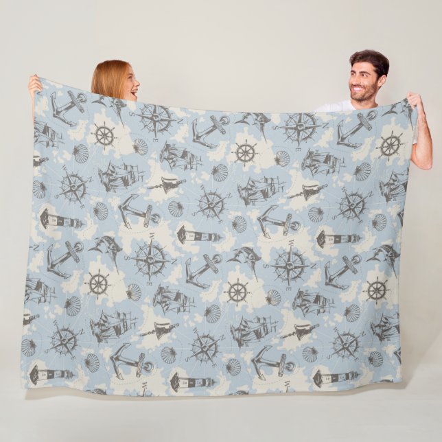 Nostalgic nautical themed blue pattern fleece blanket (In Situ)