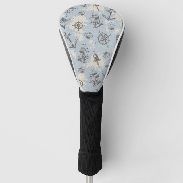 Nostalgic nautical themed blue pattern golf head cover (Front)