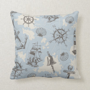 Nostalgic nautical themed blue pattern throw pillow