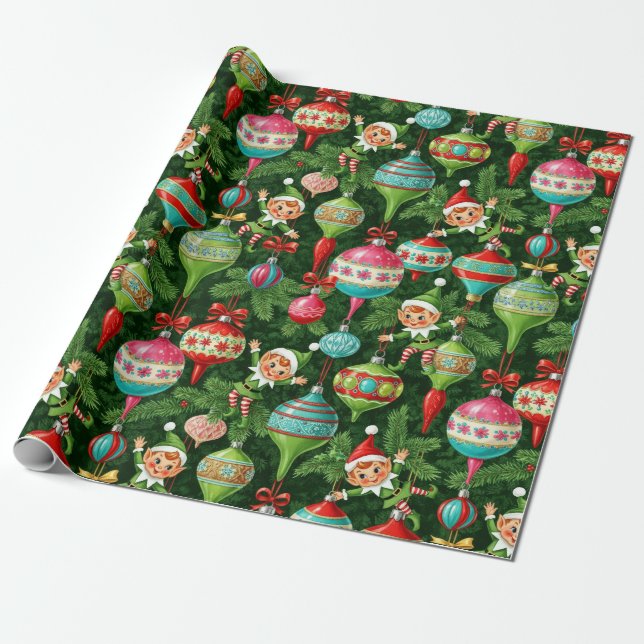 Nostalgic Noel: Elves & Ornaments Wrapping Paper (Unrolled)