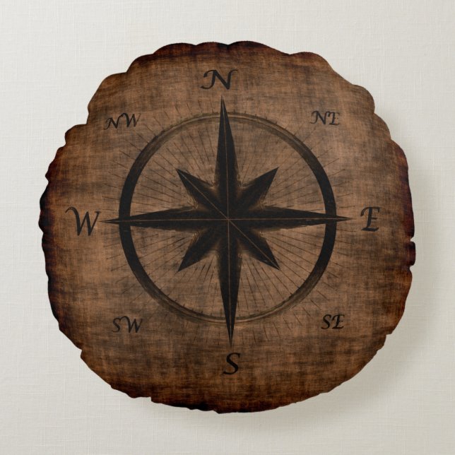 Nostalgic Old Compass Rose Design Round Pillow (Front)
