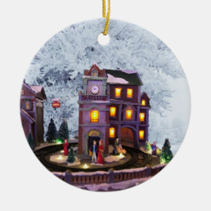 Nostalgic Old Fashioned House against Snow Scene Ceramic Ornament