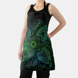 Nostalgic Paisley in  Greens on Black Background Apron