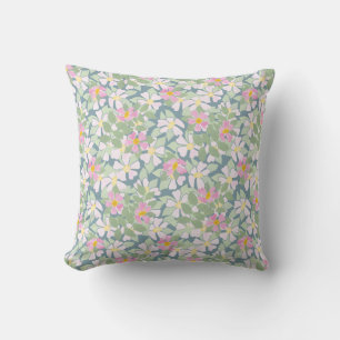 Nostalgic Pink Dog Roses Floral on Deep Blue Throw Pillow