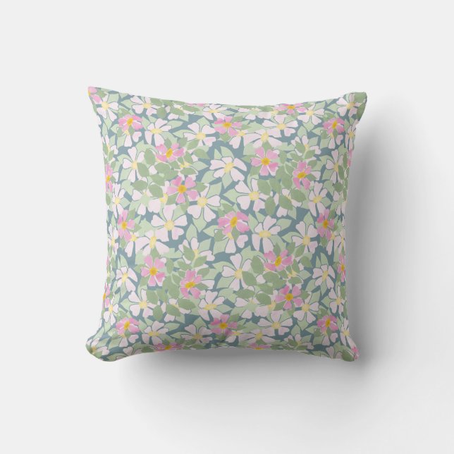 Nostalgic Pink Dog Roses Floral on Deep Blue Throw Pillow (Front)