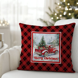 Nostalgic red truck holiday scene rustic Christmas Throw Pillow