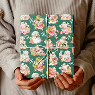 Nostalgic Retro Santa Claus-Christmas in Green Wrapping Paper