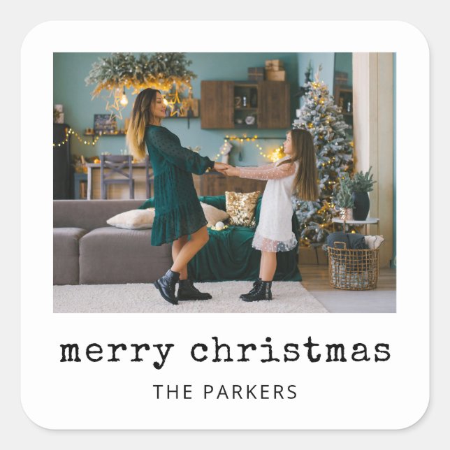 Nostalgic Type | Merry Christmas Family Photo Square Sticker (Front)
