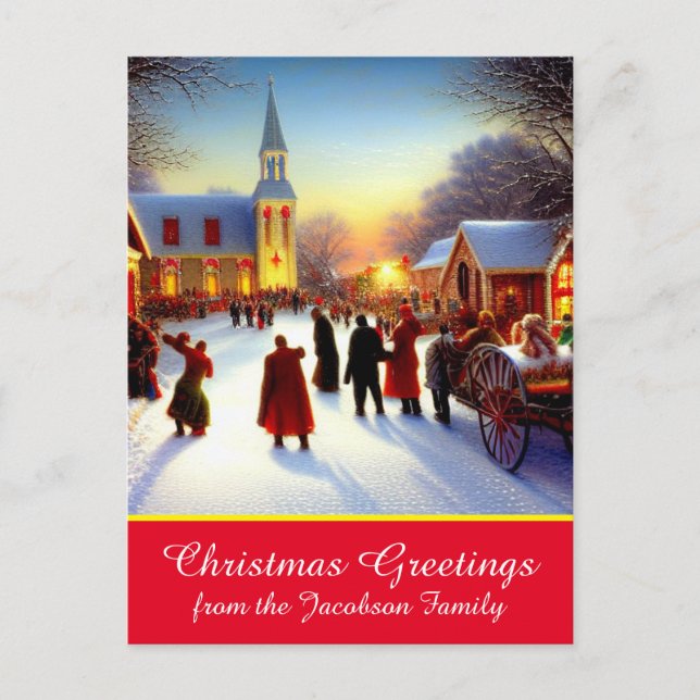 Nostalgic Village Churchgoers Christmas Greetings Holiday Postcard (Front)