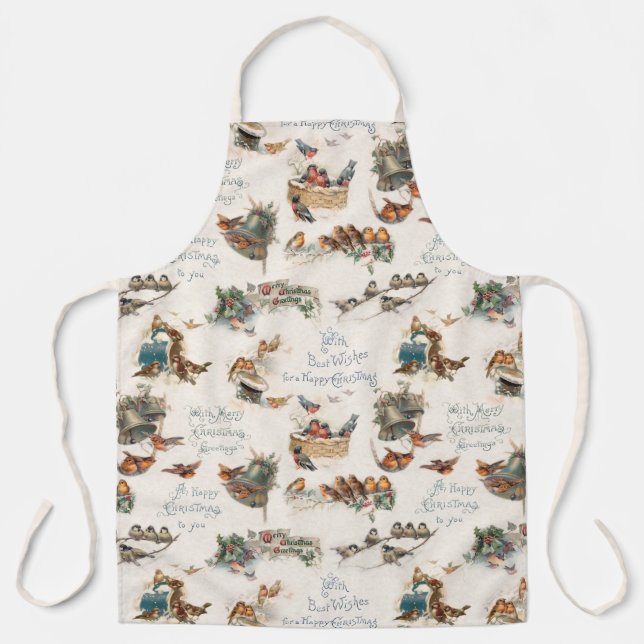Nostalgic Vintage Christmas Birds and Greetings Apron (Front)