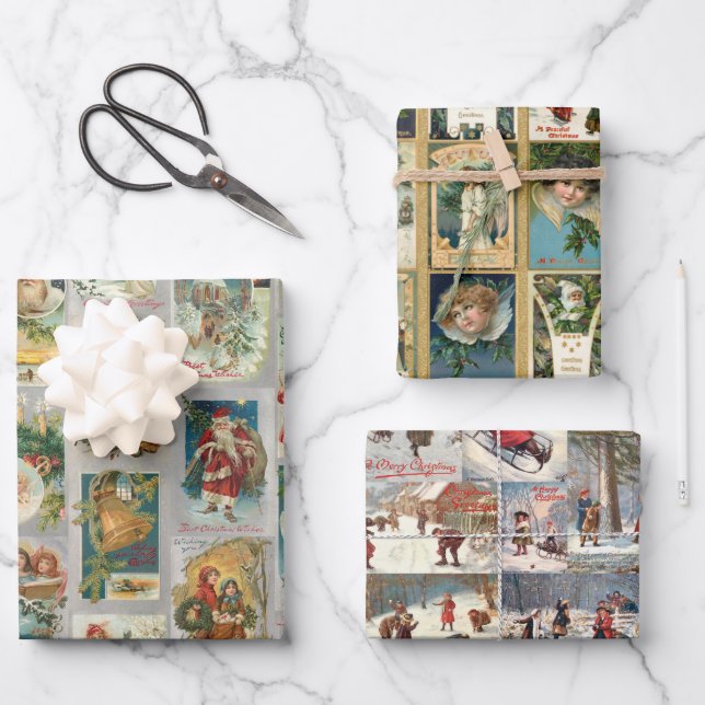 Nostalgic Vintage Christmas Card Collages Wrapping Paper Sheet (Front)