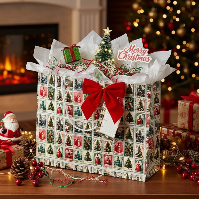 Nostalgic vintage Christmas stamps pattern Large Gift Bag (Creator Uploaded)