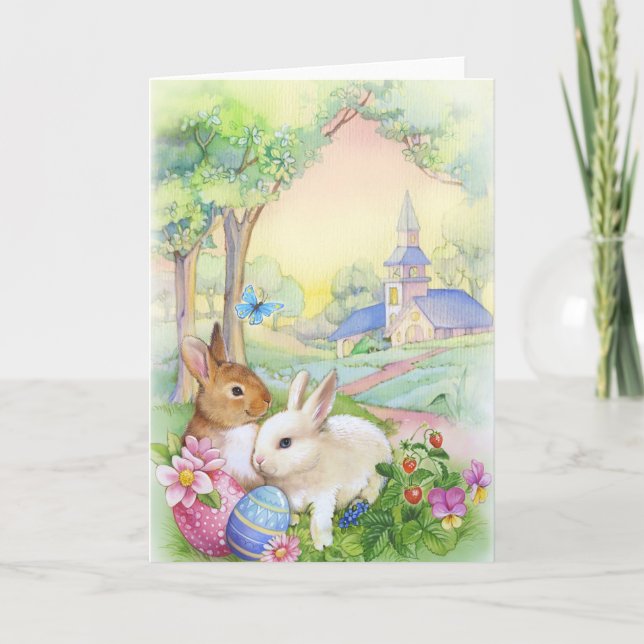 Nostalgic, vintage Easter bunnies Holiday Card (Front)