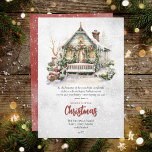 Nostalgic Vintage Holiday Cottage Christmas Card<br><div class="desc">Nothing says Christmas like a beautiful vintage cottage loaded down with holiday greenery and bows in a snowy winter scene with a rustic, cozy bench piled with snow on the seat and below. This design delivers on that promise of everything Christmas to greet your family, friends and associates a "Merry...</div>