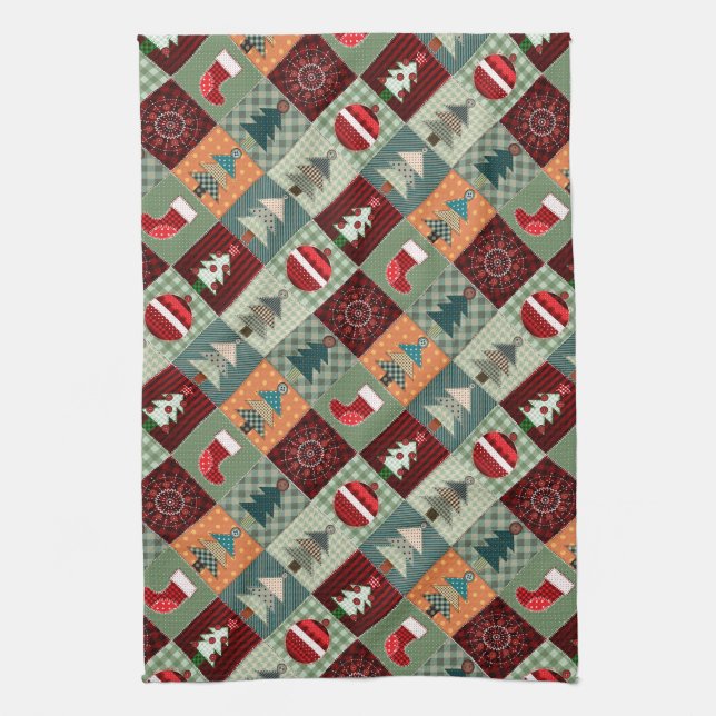 Nostalgic Vintage Holiday Patchwork Quilt Kitchen Towel (Vertical)