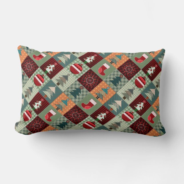 Nostalgic Vintage Holiday Patchwork Quilt Lumbar Pillow (Front)