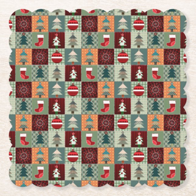 Nostalgic Vintage Holiday Patchwork Quilt Paper Coaster (Front)