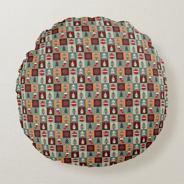 Nostalgic Vintage Holiday Patchwork Quilt Round Pillow (Front)