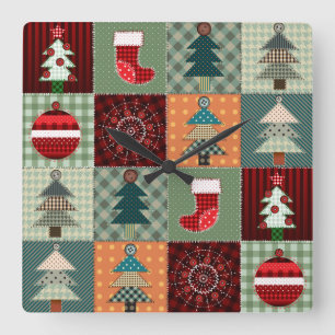 Nostalgic Vintage Holiday Patchwork Quilt Square Wall Clock