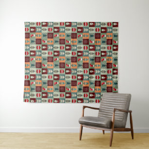 Nostalgic Vintage Holiday Patchwork Quilt Tapestry