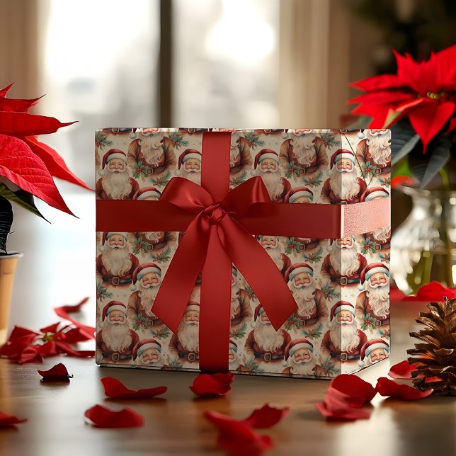 Nostalgic Vintage Look Santas Christmas Holiday Wrapping Paper (Elegant Nostalgic Vintage Look Watercolor Santas Pattern Christmas Holiday Wrapping Paper)