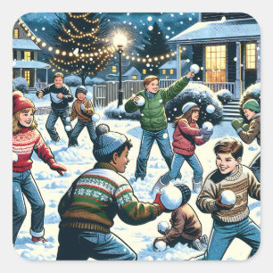 Nostalgic Winter Scene Children's Snowball Fight Square Sticker