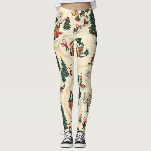 Nostalgic Winter Village Red Green Gold Pattern Leggings