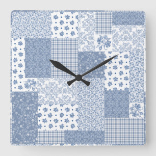 Nostalgique Indigo Faux Patchwork Carré Horloge mu