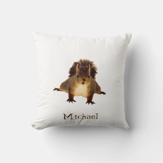 Nosy red squirrel in snow add a name throw pillow (Front)