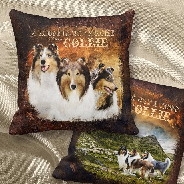 Not a Home w/o Collies, Portrait & Scene, Rustic - Throw Pillow (Creator Uploaded)