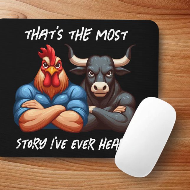Not Amused Rooster and Ox Folded Arms Stare Mouse Pad (Thats the Most Rooster and Ox Story I've Ever Heard Mousepad Cover Photo)