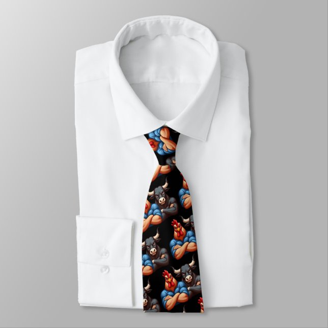 Not Amused Rooster and Ox Folded Arms Stare Tie (Tied)