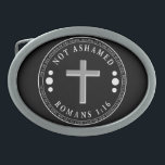 Not Ashamed of the Gospel Christian Verse Belt Buckle<br><div class="desc">Not Ashamed of the Gospel Christian Verse with cross in the middle and Romans 1:16 around the outer ring. 

Great gift for Christians,  evangelist,  or ministry</div>