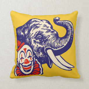 Not At All Frightening Circus Clown and Elephant Throw Pillow