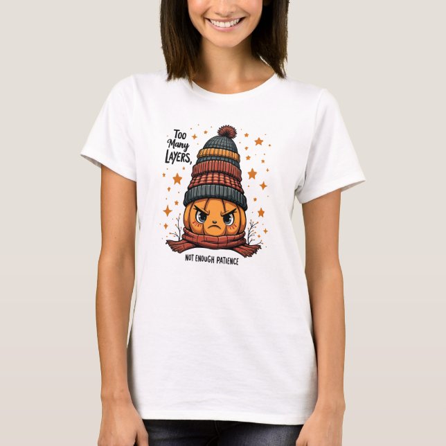 Not Enough Patience - Grumpy Pumpkin in Many Hats T-Shirt (Front)