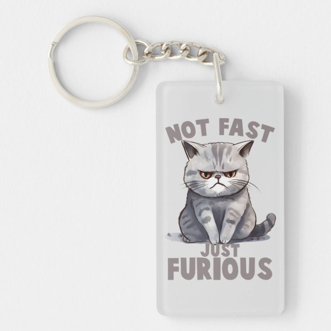 Not Fast, Just Furious – Grey Cat Humour Keychain (Front)