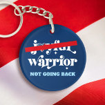 Not Going Back Warrior Type USA Flag Heart Navy Keychain<br><div class="desc">No more “Joyful Warrior”. Not going back. Not my president. Take a stand and support democracy and your fellow women with this graphic, patriotic acrylic keychain. Whimsical white calligraphy typography, a red “no” bar and a rustic wood American flag heart overlay a navy blue background. Change the copy if you...</div>