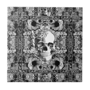 Not here, ornate skull and poppies pattern tile