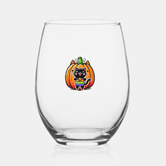 not only for Kids Adorable Halloween Black Cat and Stemless Wine Glass