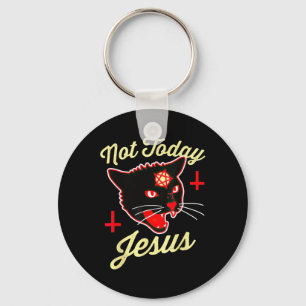 Not Today Jesus Hail Satan Cat Death Cross Vintage Keychain