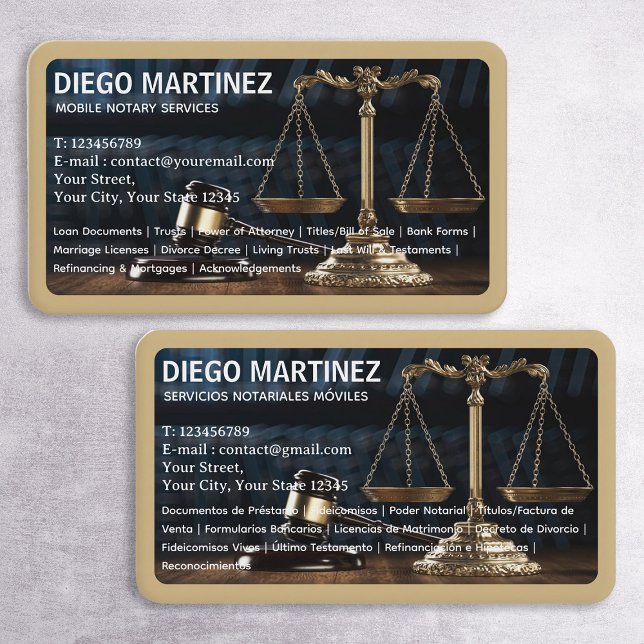 Notaire Bilingue Anglais Espagnol Carte de visite (Notary Bilingual Cards)