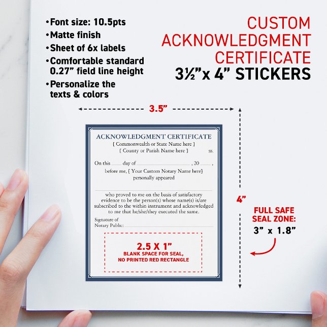 Notary Acknowledgment Certificate Document 3.5x4" Wine Label (Personalized Universal Notary Acknowledgment Certificate Document, with safe OCR lines and fonts)