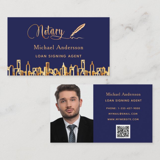 Notary agent navy blue gold skyline QR code photo Business Card (Front/Back)