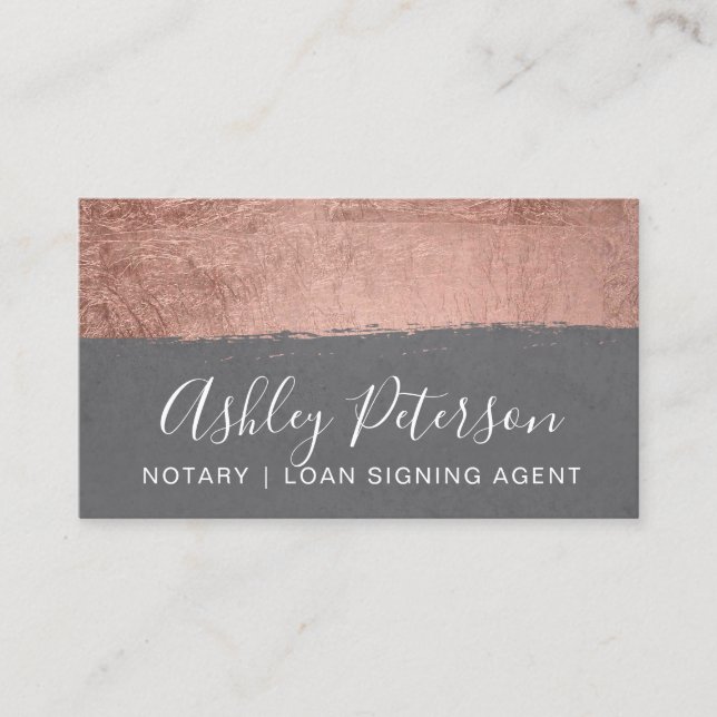 Notary chic typography grey rose gold brushstroke business card (Front)