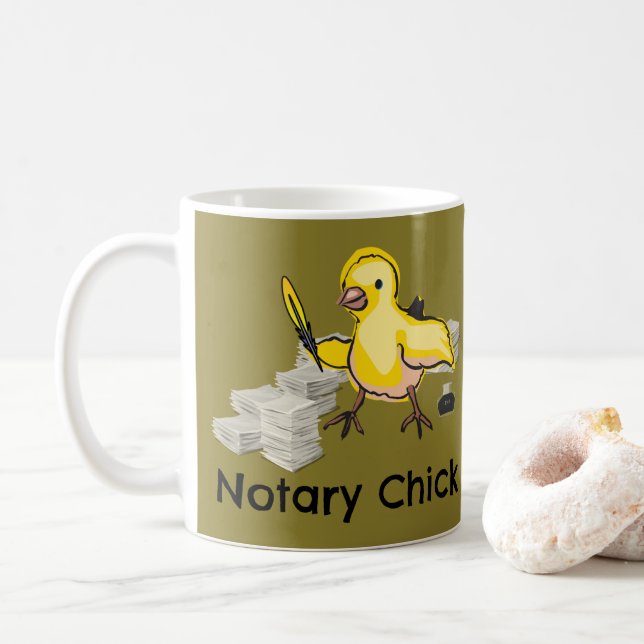 Notary Chick Yellow Feather Quill and Documents Coffee Mug (With Donut)