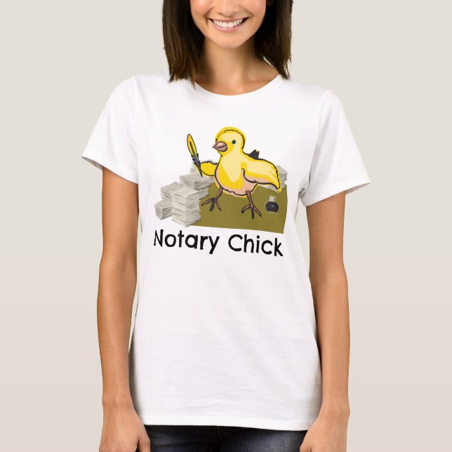Notary Chick Yellow Feather Quill and Documents T-Shirt (Front)