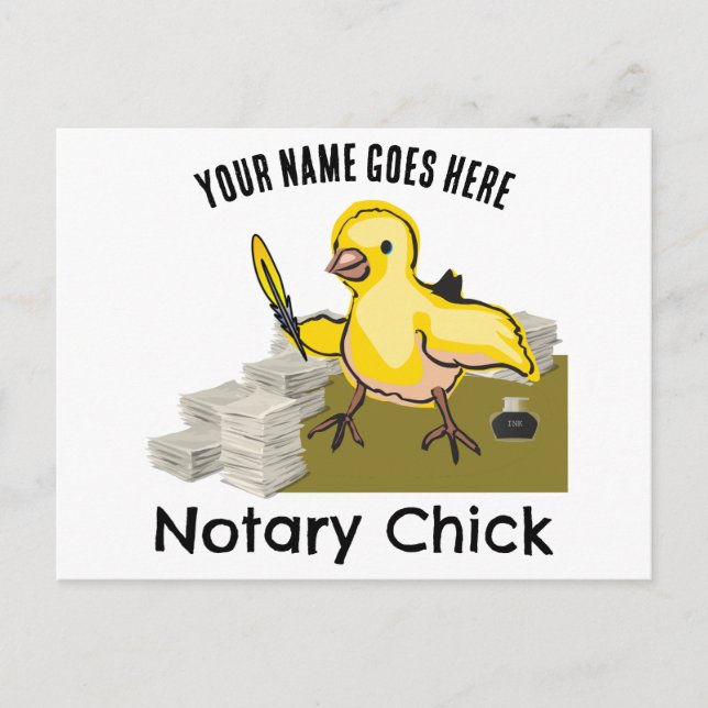 Notary Chick Yellow Feather Quill Customized Name Postcard (Front)
