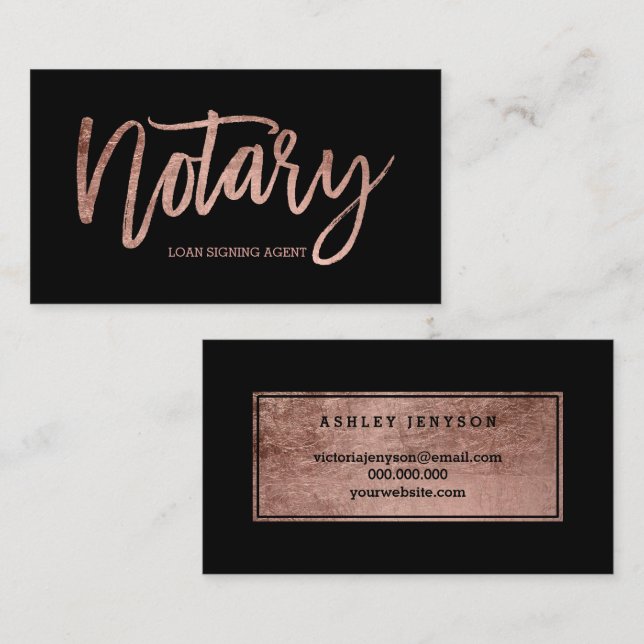 Notary elegant rose gold typography black business card (Front/Back)