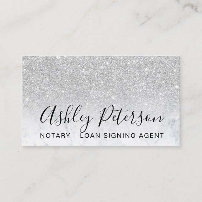 Notary elegant typography marble silver glitter business card (Front)